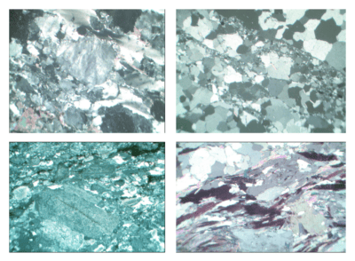 Rocce e minerali, macinati sottili, rocce metamorfiche, set n. IV, 29 vetrini microscopici misura 30×45 mm