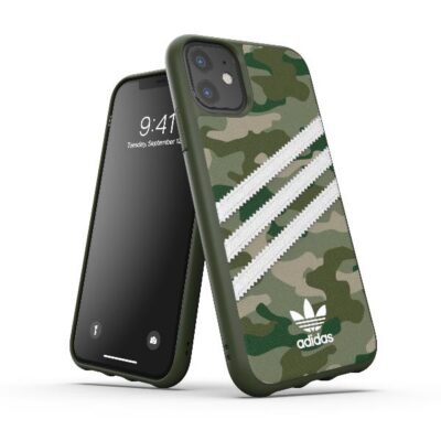 ADIDAS ORIGINALS – Cover SAMBA in TPU+Poliuretano con bordi rialzati di colore mimetico verde con strisce bianche compatibile con Apple iPhone 11 Pro