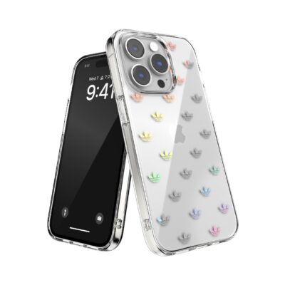 ADIDAS ORIGINALS – Cover trasparente in TPU morbido con logo trifoglio colore oro compatibile con Apple iPhone 14 Pro