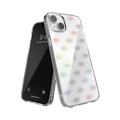 ADIDAS ORIGINALS – Cover trasparente in TPU morbido con logo trifoglio colore oro compatibile con Apple iPhone 14 Plus