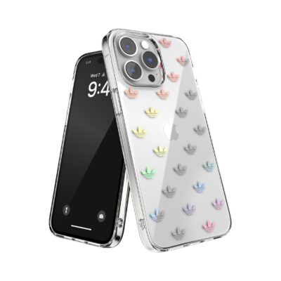 ADIDAS ORIGINALS – Cover trasparente in TPU morbido con logo trifoglio colore oro compatibile con Apple iPhone 14 Pro Max