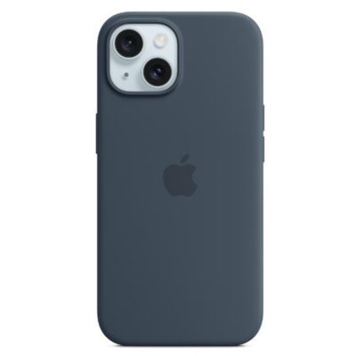 Custodia MagSafe in silicone per iPhone 15 – Blu tempesta