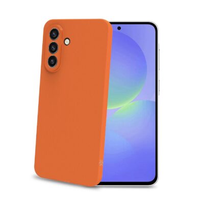 SANDCASE – Cover morbida in TPU con tasti e bordo fotocamera colore a contrasto, effetto sabbiato colore trasparente arancione compatibile con Samsung Galaxy A37 5G/ A37 5G EE
