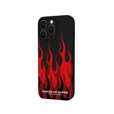 VISION OF SUPER – Cover in TPU con finitura soft touch colore nero con fiamme rosse compatibile con Apple iPhone 14 Pro [VOS COLLECTION]