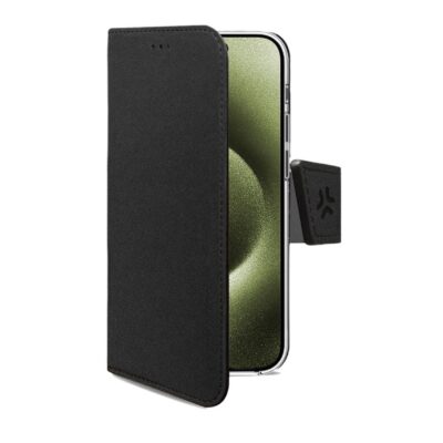 WALLY – Custodia a libro in pelle sintetica con chiusura flap magnetico, slot per carte e funzione stand colore nero compatibile con Apple iPhone 16 [IPHONE 16 CASES]