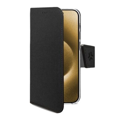 WALLY – Custodia a libro in pelle sintetica con chiusura flap magnetico, slot per carte e funzione stand colore nero compatibile con Apple iPhone 16 Plus [IPHONE 16 CASES]