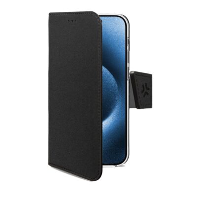 WALLY – Custodia a libro in pelle sintetica con chiusura flap magnetico, slot per carte e funzione stand colore nero compatibile con Apple iPhone 16 Pro [IPHONE 16 CASES]