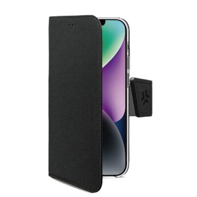 WALLY – Custodia a libro in pelle sintetica con chiusura flap magnetico, slot per carte e funzione stand colore nero compatibile con Apple iPhone 16e/ iPhone 17e