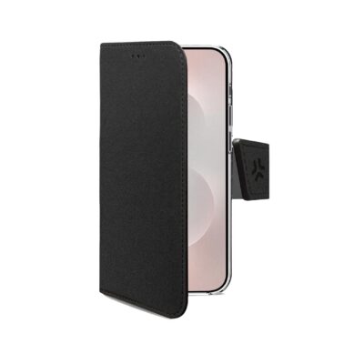 WALLY – Custodia a libro in pelle sintetica con chiusura flap magnetico, slot per carte e funzione stand colore nero compatibile con Samsung Galaxy S25 Edge