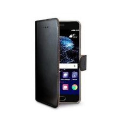 WALLY – Custodia a libro in pelle sintetica con chiusura flap magnetico, slot per carte e funzione stand colore nero compatibile con Huawei P10 Plus