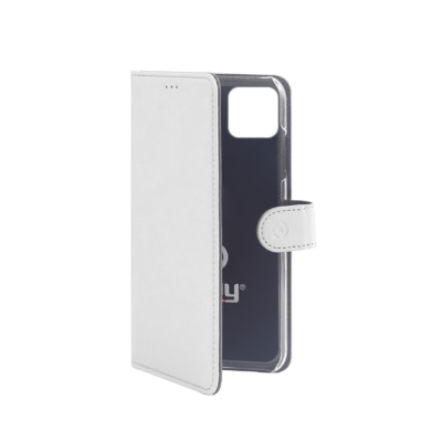 WALLY – Custodia a libro in pelle sintetica con chiusura flap magnetico, slot per carte e funzione stand colore bianco compatibile con Apple iPhone 11