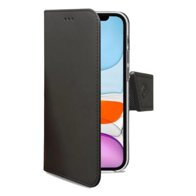 WALLY – Custodia a libro in pelle sintetica con chiusura flap magnetico, slot per carte e funzione stand colore nero compatibile con Apple iPhone 11
