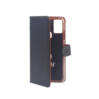 WALLY – Custodia a libro in pelle sintetica con chiusura flap magnetico, slot per carte e funzione stand colore nero compatibile con Samsung Galaxy A21s