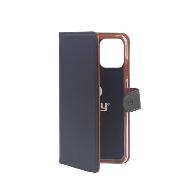WALLY – Custodia a libro in pelle sintetica con chiusura flap magnetico, slot per carte e funzione stand colore nero compatibile con Apple iPhone 12 Mini