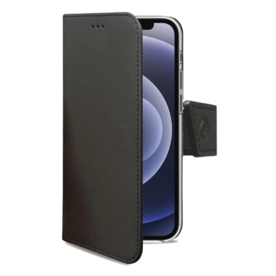WALLY – Custodia a libro in pelle sintetica con chiusura flap magnetico, slot per carte e funzione stand colore nero compatibile con Apple iPhone 12 Pro Max