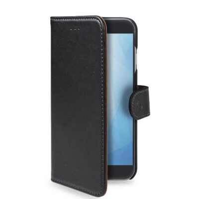 WALLY – Custodia a libro in pelle sintetica con chiusura flap magnetico, slot per carte e funzione stand colore nero compatibile con Samsung Galaxy J8+