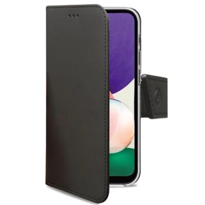 WALLY – Custodia a libro in pelle sintetica con chiusura flap magnetico, slot per carte e funzione stand colore nero compatibile con Samsung Galaxy A22 5G