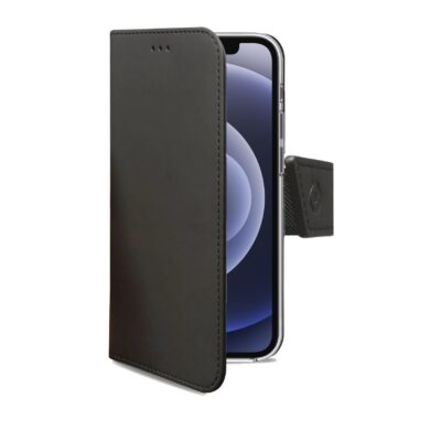 WALLY – Custodia a libro in pelle sintetica con chiusura flap magnetico, slot per carte e funzione stand colore nero compatibile con Apple iPhone 13 Mini
