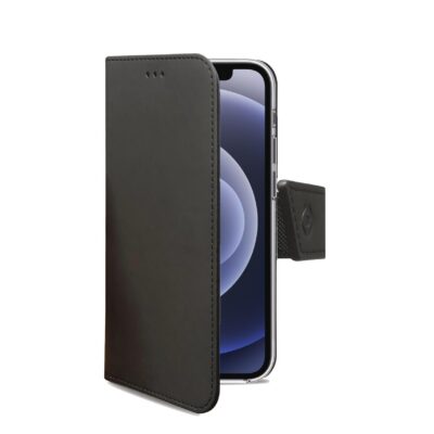 WALLY – Custodia a libro in pelle sintetica con chiusura flap magnetico, slot per carte e funzione stand colore nero compatibile con Apple iPhone 13