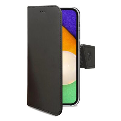 WALLY – Custodia a libro in pelle sintetica con chiusura flap magnetico, slot per carte e funzione stand colore nero compatibile con Samsung Galaxy A03s