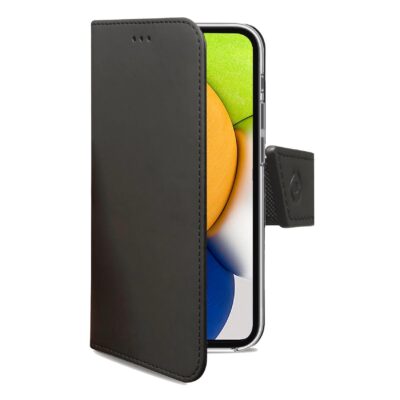 WALLY – Custodia a libro in pelle sintetica con chiusura flap magnetico, slot per carte e funzione stand colore nero compatibile con Samsung Galaxy A03
