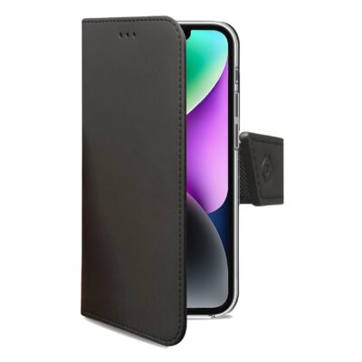 WALLY – Custodia a libro in pelle sintetica con chiusura flap magnetico, slot per carte e funzione stand colore nero compatibile con Apple iPhone 14