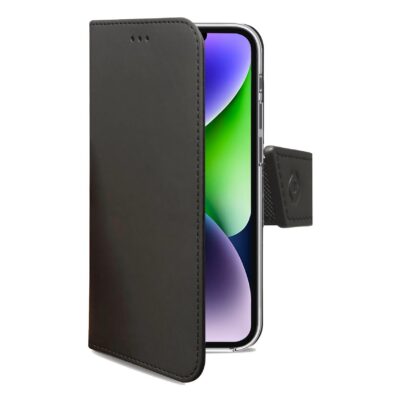 WALLY – Custodia a libro in pelle sintetica con chiusura flap magnetico, slot per carte e funzione stand colore nero compatibile con Apple iPhone 14 Plus