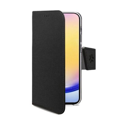 WALLY – Custodia a libro in pelle sintetica con chiusura flap magnetico, slot per carte e funzione stand colore nero compatibile con Samsung Galaxy A25 5G