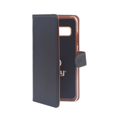 WALLY – Custodia a libro in pelle sintetica con chiusura flap magnetico, slot per carte e funzione stand colore nero compatibile con Samsung Galaxy S10+