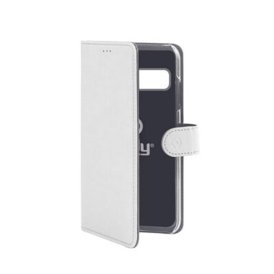 WALLY – Custodia a libro in pelle sintetica con chiusura flap magnetico, slot per carte e funzione stand colore bianco compatibile con Samsung Galaxy S10+