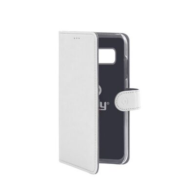 WALLY – Custodia a libro in pelle sintetica con chiusura flap magnetico, slot per carte e funzione stand colore bianco compatibile con Samsung Galaxy S10e