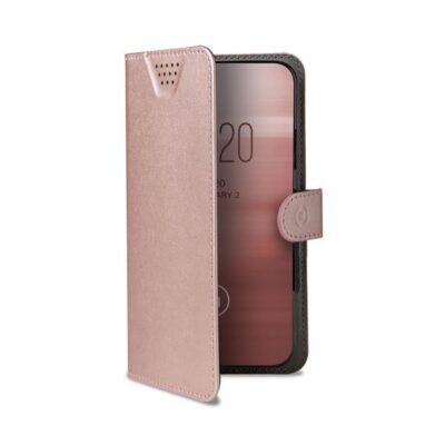 WALLY ONE – Custodia universale a libro colore rosa con fissaggio e sistema rotazione 360° compatibile con tutti gli smartphone da 4.5″ a 5.0″
