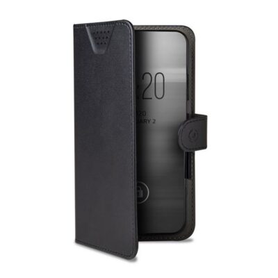 WALLY ONE – Custodia universale a libro colore nero con fissaggio e sistema rotazione 360° compatibile con tutti gli smartphone da 5″ a 5.5″