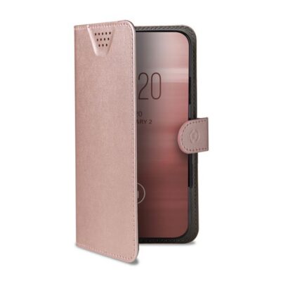 WALLY ONE – Custodia universale a libro colore rosa con fissaggio e sistema rotazione 360° compatibile con tutti gli smartphone da 5″ a 5.5″