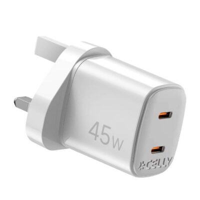 UPTC2C45WUK – Caricabatteria da rete con doppia porta USB-C, tecnologia GaN, potenza massima 45 Watt, presa UK [UPTC COLLECTION]
