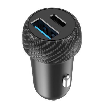Caricabatteria da auto con doppia porta USB-C e USB-A, potenza massima 35 Watt, tecnologia Power Delivery, compatibile anche con camion