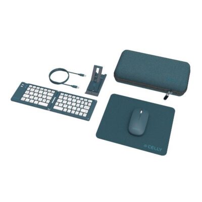 KITTRAVEL – Kit Viaggio per lavorare in mobilità, tastiera wireless pieghevole, mouse wireless, mousepad, supporto smartphone, cavo USB-C