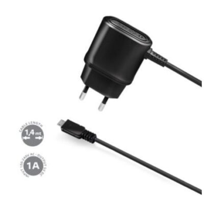 Caricabatteria da rete con cavo Micro Usb integrato, potenza massima 5 Watt, lunghezza cavo 1 metro