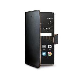 WALLY – Custodia a libro in pelle sintetica con chiusura flap magnetico, slot per carte e funzione stand colore nero compatibile con Huawei P9 Lite