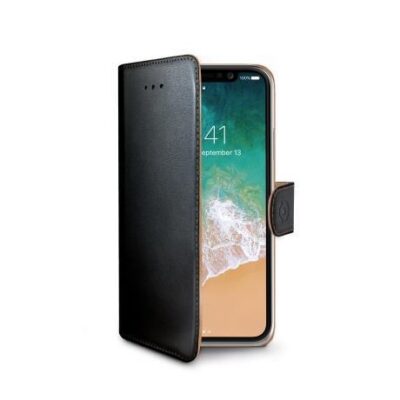WALLY – Custodia a libro in pelle sintetica con chiusura flap magnetico, slot per carte e funzione stand colore nero compatibile con Apple iPhone Xs / iPhone X