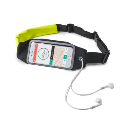 RUNBDUO – Cintura elastica regolabile ultra leggera, tasca interna porta smartphone, finestra trasparente per utilizzo touch, auricolari stereo jack 3,5mm, compatibili device 5″