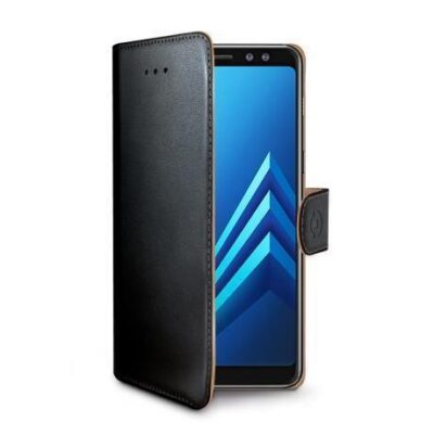 WALLY – Custodia a libro in pelle sintetica con chiusura flap magnetico, slot per carte e funzione stand colore nero compatibile con Samsung Galaxy A8+ 2018