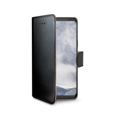 WALLY – Custodia a libro in pelle sintetica con chiusura flap magnetico, slot per carte e funzione stand colore nero compatibile con Samsung Galaxy S9+