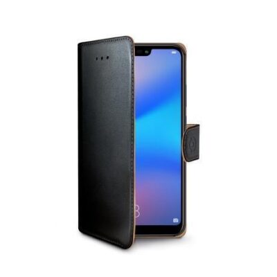 WALLY – Custodia a libro in pelle sintetica con chiusura flap magnetico, slot per carte e funzione stand colore nero compatibile con Huawei P20 Lite