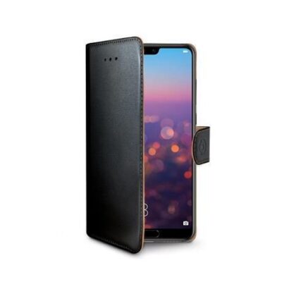 WALLY – Custodia a libro in pelle sintetica con chiusura flap magnetico, slot per carte e funzione stand colore nero compatibile con Huawei P20