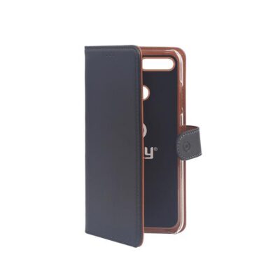 WALLY – Custodia a libro in pelle sintetica con chiusura flap magnetico, slot per carte e funzione stand colore nero compatibile con Huawei Y9 2018
