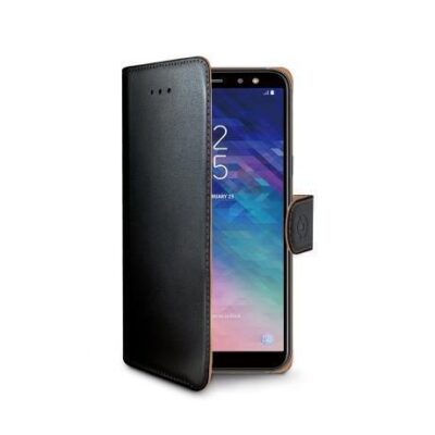WALLY – Custodia a libro in pelle sintetica con chiusura flap magnetico, slot per carte e funzione stand colore nero compatibile con Samsung Galaxy A6 2018
