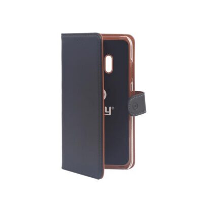 WALLY – Custodia a libro in pelle sintetica con chiusura flap magnetico, slot per carte e funzione stand colore nero compatibile con Samsung Galaxy J4 2018