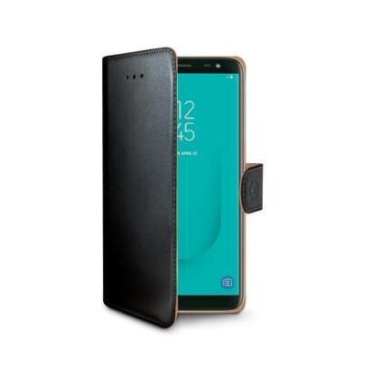 WALLY – Custodia a libro in pelle sintetica con chiusura flap magnetico, slot per carte e funzione stand colore nero compatibile con Samsung Galaxy J6 2018