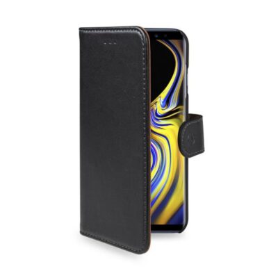 WALLY – Custodia a libro in pelle sintetica con chiusura flap magnetico, slot per carte e funzione stand colore nero compatibile con Samsung Galaxy Note 9